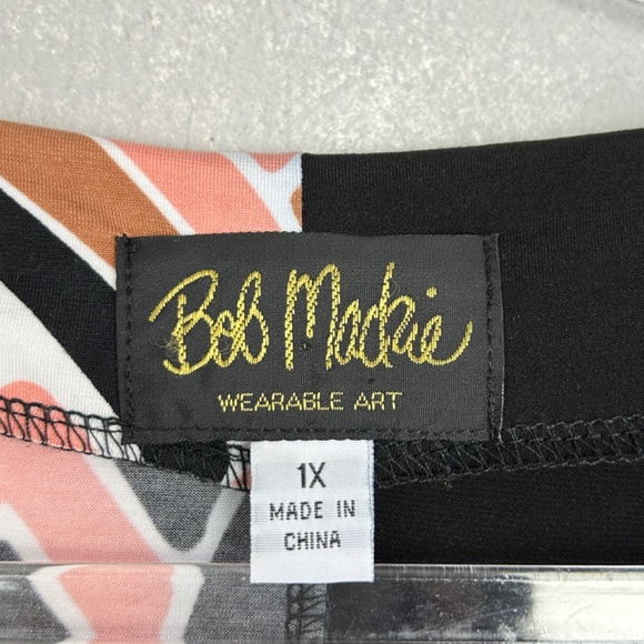 Bob Mackie plus size 1X faux wrap dress 3/4 sleeve stretch knit black geometric - Picture 11 of 14